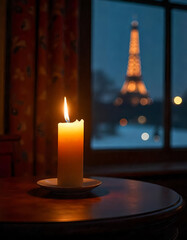 A single fire candle burning out on a polished mahogany table in a Victorian study, set against a backdrop of a clear night with lightning illuminating a distant cityscape in winter.