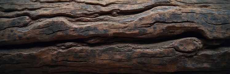 Close-up of old weathered wood surface. Dark brown timber texture, showing rough grain pattern. Natural material, cracked lines. Abstract nature background for design.