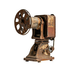 Vintage film projector with rustic design, showcasing its worn metal surface and intricate details, evokes nostalgia for classic cinema