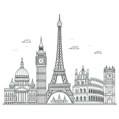 Obraz premium Black and White Line Art Skyline of European Cities - Travel Landmark Illustration