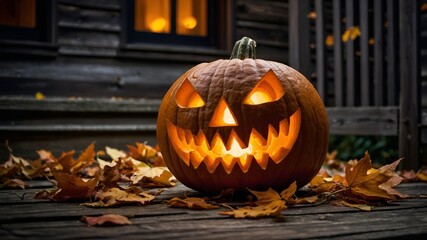 Obraz premium Dusk scene: glowing carved pumpkin amidst autumn leaves on a wooden porch. Photorealistic, warm light.