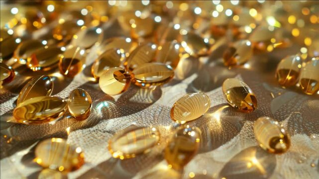A pile of yellow pills on a table. The pills are small and round. They are scattered across the table