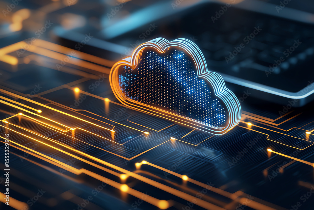 Poster digital cloud computing concept featuring glowing cloud icon surrounded by circuit patterns and vibr