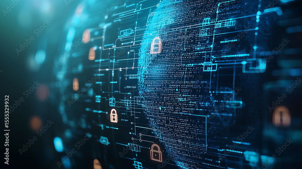 Poster digital representation of globe surrounded by data streams and security locks, symbolizing cybersecu