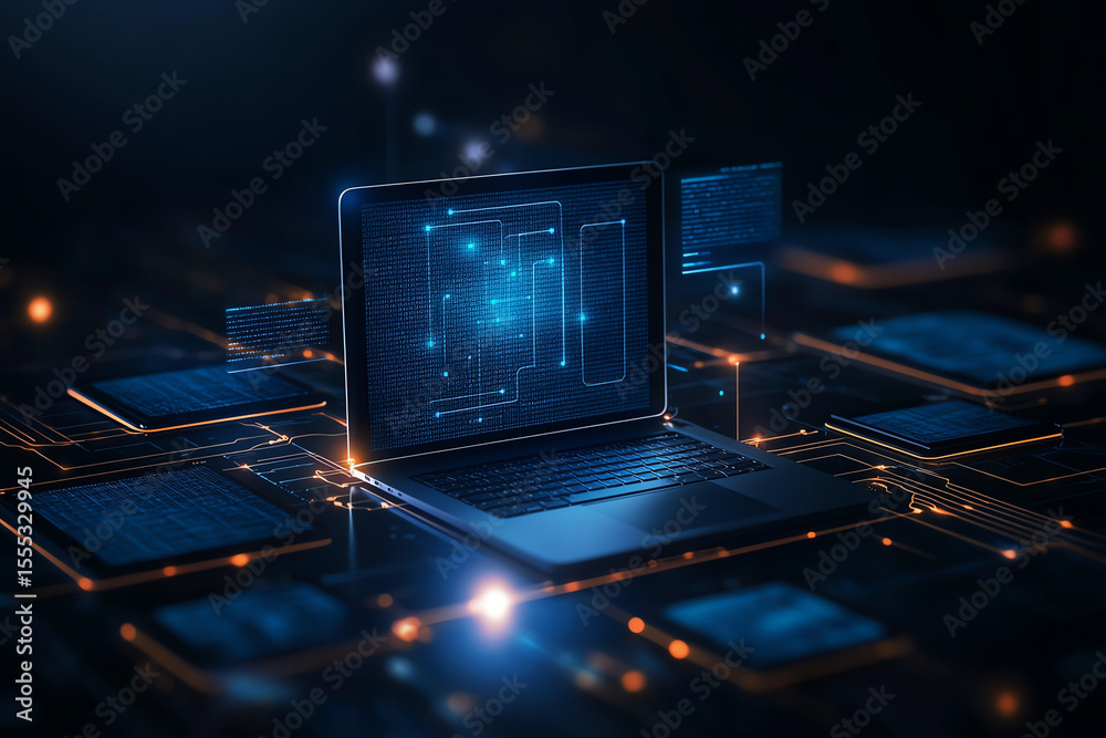 Poster digital rendering of laptop surrounded by glowing circuit patterns and data streams, representing ad