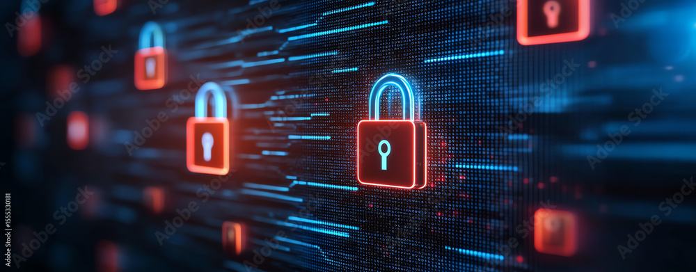 Poster digital padlock icons in red and blue create secure atmosphere, symbolizing cybersecurity and data p