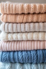 Stack of soft, knitted sweaters in varying shades of pastel