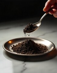 A tarnished silver spoon slowly pouring fine black gunpowder onto a mound of gunpowder on a polished silver plate, set against a stark white marble surface, dramatic studio lighting.