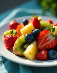 A close-up of a vibrant fruit salad on a white ceramic plate, featuring ripe strawberries, blueberries, kiwi slices, and chunks of pineapple, bathed in the bright sunlight of a summer afternoon.