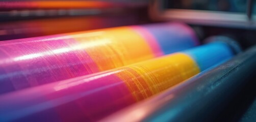 Close-up printing press with CMYK ink rollers. Industrial machinery, graphic design, modern tech. Colourful vibrant abstract background of the printing process in print shop.