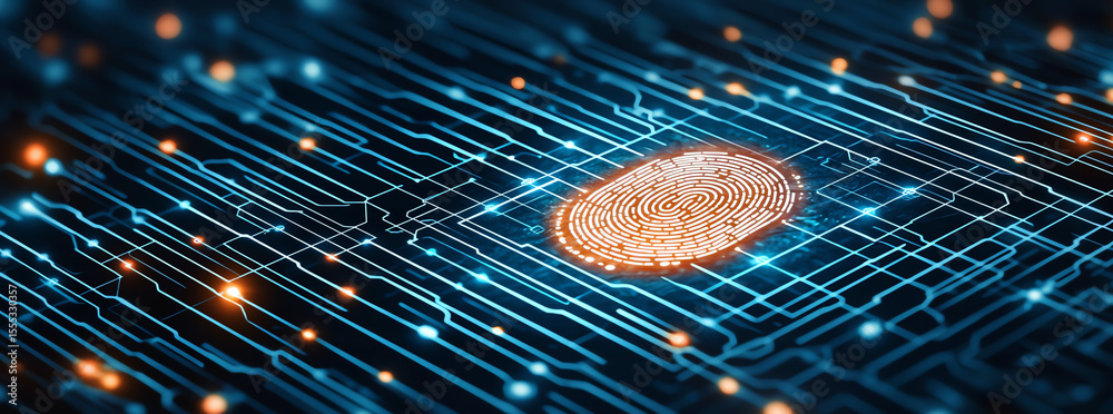 Poster digital fingerprint surrounded by glowing circuitry represents advanced security technology. this co