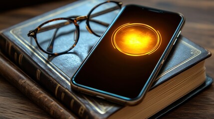 Smartphone on books, glowing orb