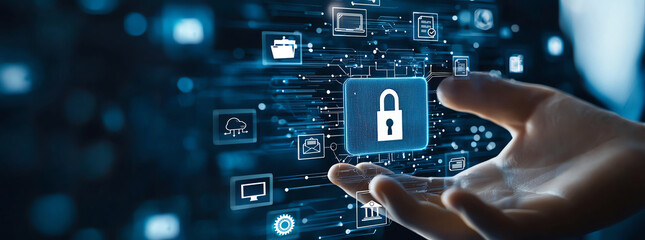 Digital padlock with holographic elements is held hand, surrounded by various technology icons representing security and data protection. image conveys sense of modern cybersecurity and innovation