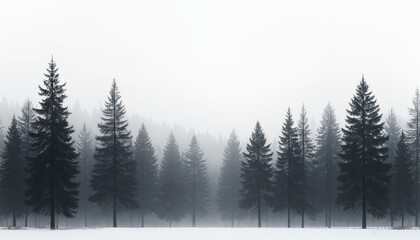 Obraz premium Winter forest illustration, pine trees in snow, foggy landscape with silhouette of forest trees in mist. Misty panorama. Nature scene, beautiful evergreen woodland background.