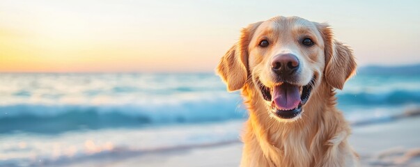 National dog day with cute companion idea. Happy golden retriever on the beach at sunset.