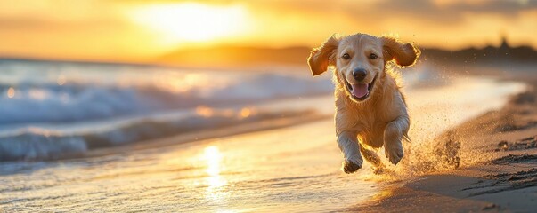 National dog day with cute companion idea. Happy dog running on the beach at sunset.