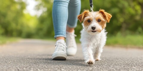 National dog day with cute companion idea. Person walking a small dog on a sunny path.