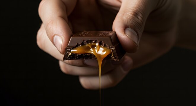Caramel-Filled Chocolate Square Held by a Person, Sweet Moment Captured in a Chocolate Day Celebration









