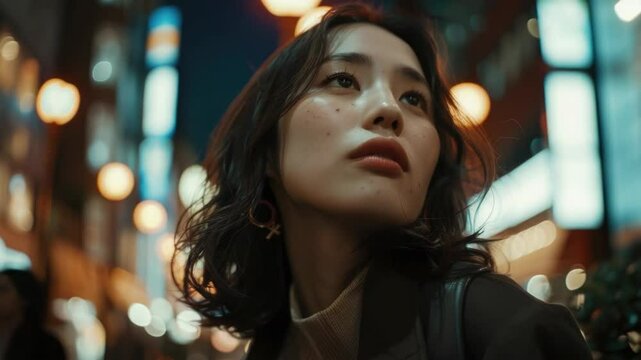 A woman walking at night, wearing a trendy outfit, with the backdrop of city lights.
