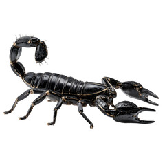 Scorpion side profile, claws open and tail curled, shiny black surface texture with high-contrast detail, transparent 8K PNG, macro photography style