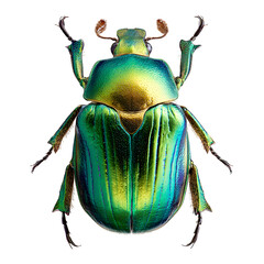 Scarab beetle with iridescent green shell, top-down view showing symmetry, fine detail on shell ridges and legs, isolated on transparent background, 8K macro realism