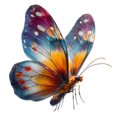 Small butterfly flying upward, colorful wings with subtle details, side lighting to show depth, clean transparent background for stock use, 8K macro render style