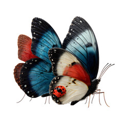 Three butterflies and a ladybug in group composition, balanced spacing, colorful wings with soft edge detail, white-transparent background, macro render style in 8K