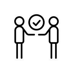 Partnership deal line icon. Handshake between two persons with checkmark. Agreement, contract verification pictogram. Trust and business cooperation vector illustration. Investors meeting