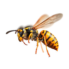 Wasp in mid-flight, wings motion blurred slightly, sharp body stripes and curled legs, clean light and contrast, isolated 8K transparent PNG