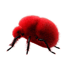 Velvet mite crawling pose, bold red fuzzy body texture with short black legs, strong color contrast, 8K macro transparent PNG
