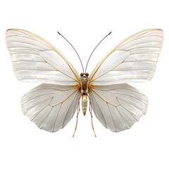 White butterfly with delicate wings spread, soft lighting on textured wings, detailed veins and antennae, flat vector realism, transparent background, 8K PNG