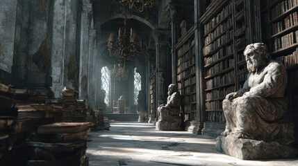 Mystical Ancient Library Interior with Stone Statues and Towering Bookshelves