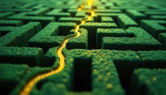 Intricate maze illustration made of green blocks. Yellow path leads through complex route. Concept of challenge, problem solving, journey. Metaphor for decision-making, strategy, business, success