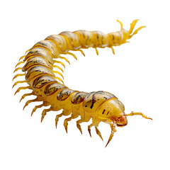 Yellow centipede crawling sideways, curved body with visible segmented legs, high-detail texture with subtle shadows, macro realism, isolated 8K PNG with transparent background