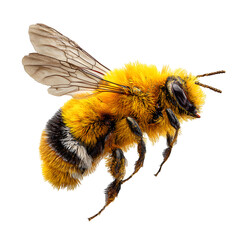 Yellow fuzzy bee flying diagonally, wings tilted backward, sharp texture on fuzzy body, isolated with minimal shadow, transparent PNG render in 8K macro quality