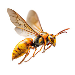 Yellow wasp flying, wings motion-blur frozen, detailed body segments, isolated transparent PNG, 8K sharpness.