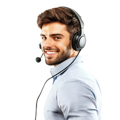Smiling young man with headset providing customer support, wearing blue shirt and looking at camera, isolated on white background in professional setting