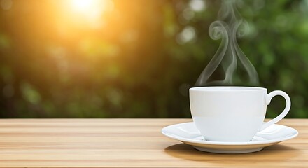 Steaming white coffee cup on a wooden table against a blurred background of sunlight and green foliage invites a tranquil moment.
