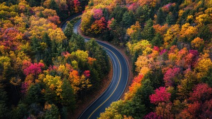 Fototapeta premium Autumnal Road Serenity: A Winding Path Through Vibrant Fall Foliage Splendor
