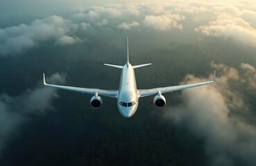 Aerial view of passenger airplane flying over forest, clouds. Commercial airliner, jet engine aircraft in flight, transportation, journey at altitude. Travel, tourism, air travel, journey, aviation,