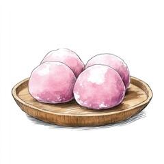 Pink mochi on a wooden plate