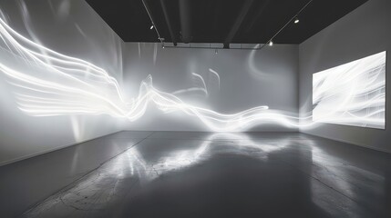 Art installation with bright white light projections in a dark room with reflective floor space