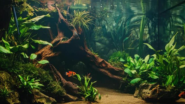 A vibrant and diverse underwater ecosystem within a saltwater aquarium, featuring red and black fish, coral, rocks, and plants.