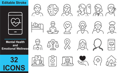 Black and White Outline Vector Icons of Mental Health and Emotional Wellness in Linear Style