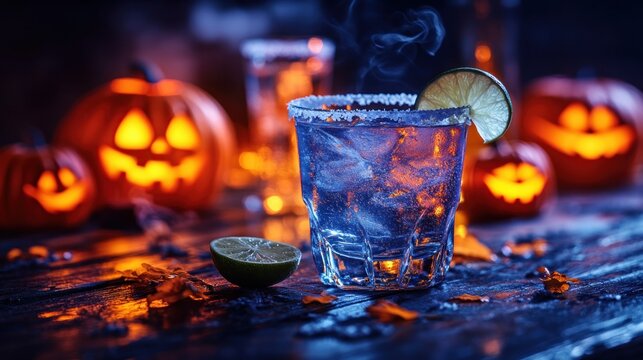 Spooky cocktail with Halloween pumpkins