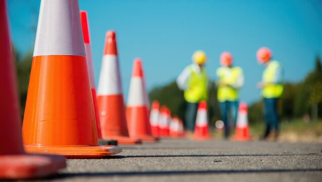 Brightly colored safety cones line the asphalt as construction workers in vests and helmets engage in a discussion ensuring a safe and productive work environment during the day.