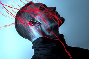 Health issue. Psychological pain. Medical struggle. Feeling bad. Crying in pain. Metaphorical neck pain emotions of a and suffering. Pain of disorder - neck pain: abstract image of human.