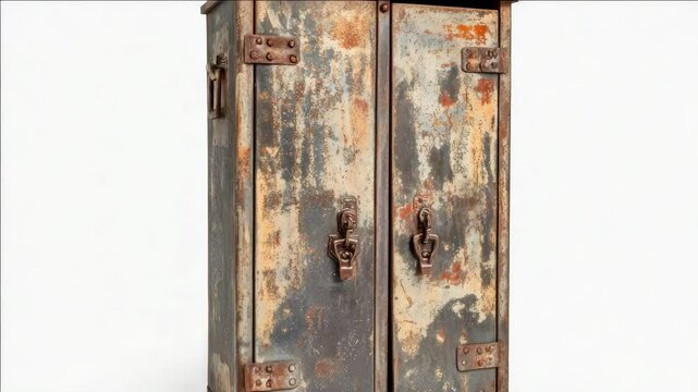 Rusty old metal box with locks and hinges.