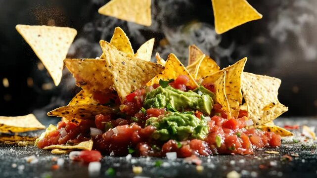 Dollop of guacamole on top of nachos with a garnish of tomatoes and peppers.