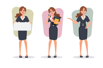 Obraz premium Set of Businesswoman character in job pose. vector premium.